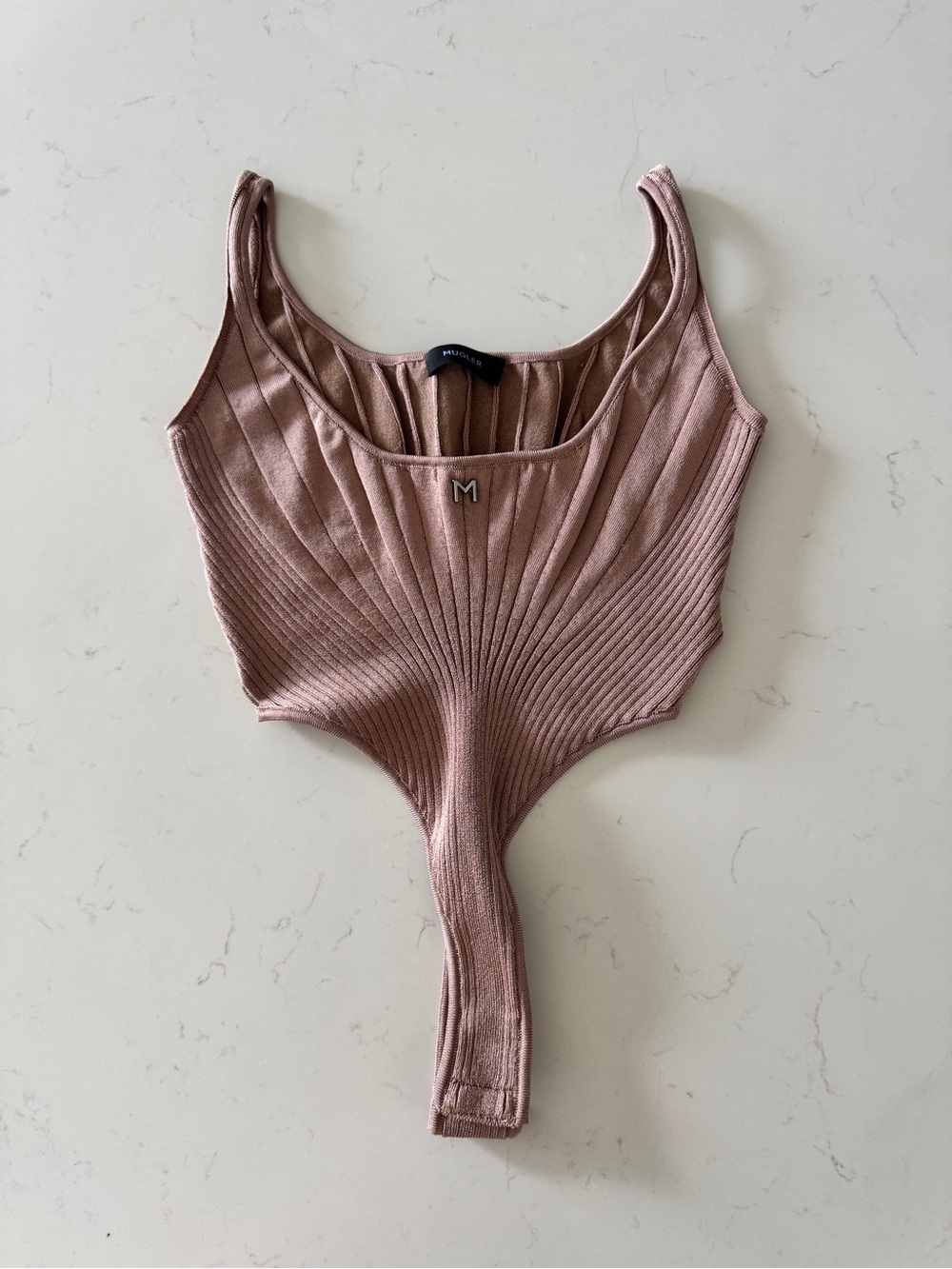 Mugler Ribbed Knit Illusion Bodysuit Nude Pink Size S